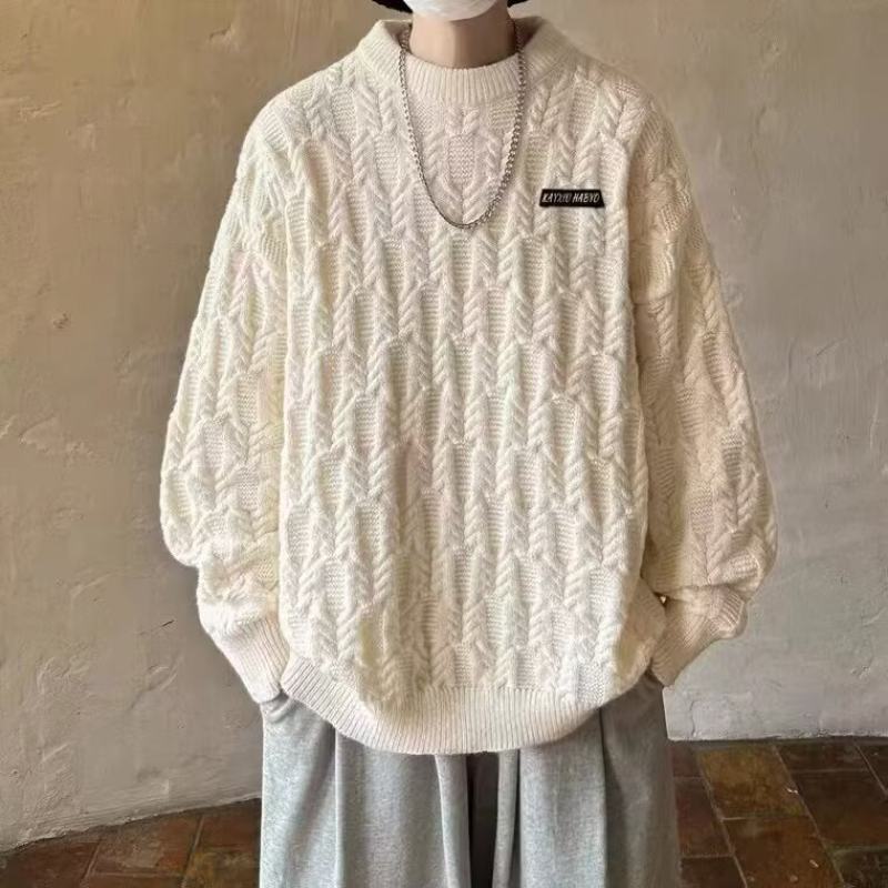 Sweater men's thickened lazy style label round neck sweater loose and versatile Japanese style coat soft waxy top