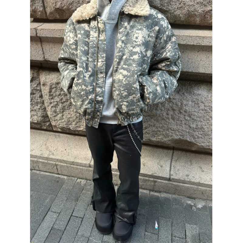 !  Orange lining detachable fur collar American camouflage cotton coat