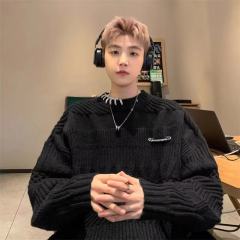 Trendy, fashionable, casual and versatile men's exquisite lapel solid color loose long-sleeved knitted casual sweater