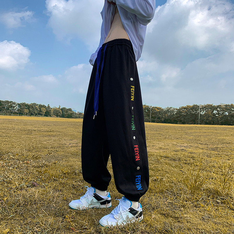 Hong Kong style autumn new style hemmed breasted printed loose sports and leisure leggings sweatpants for men
