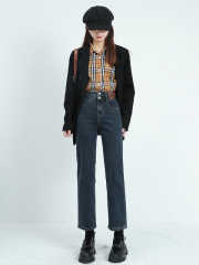 Narrow straight-leg jeans for women in autumn and winter, new high-waist slim design, nine-point plus velvet cigarette pants for small people