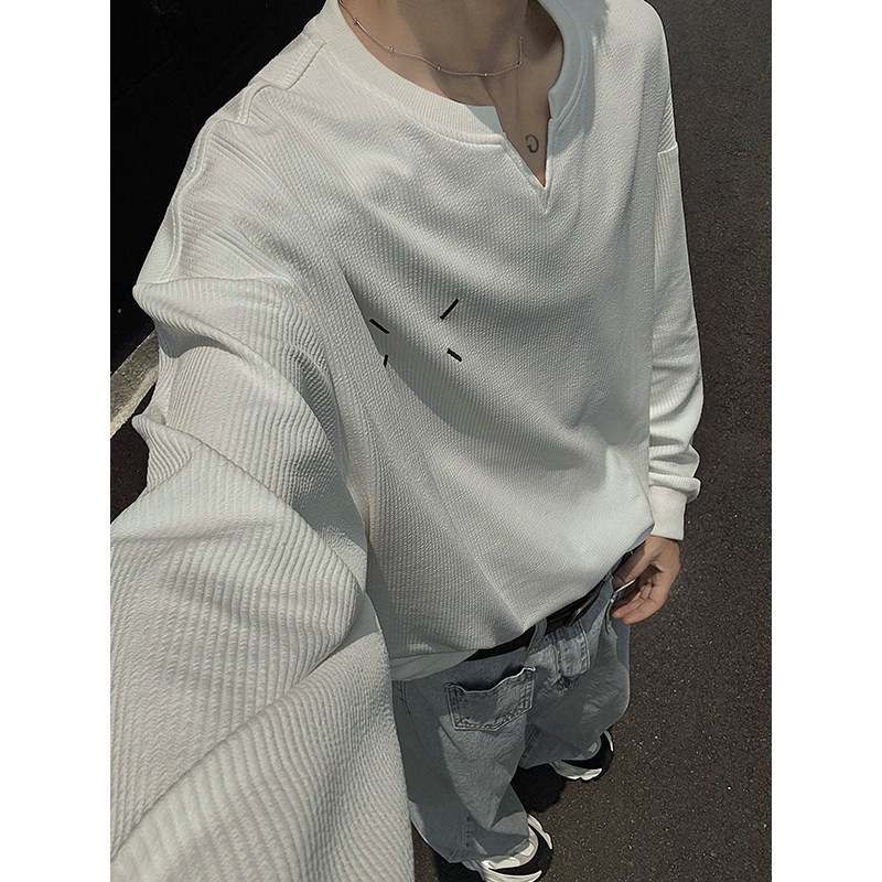 Autumn textured V-neck sweatshirt Margiela embroidery high street trendy long-sleeved T-shirt for men
