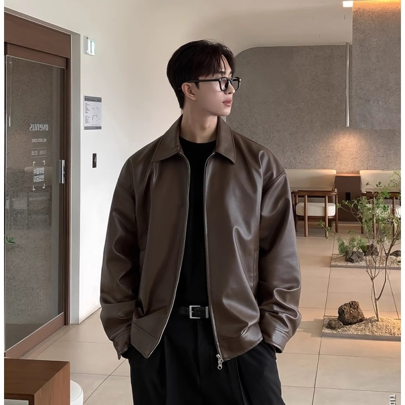 Lapel short leather jacket for men American high street retro high-end handsome spring and autumn motorcycle jacket jacket