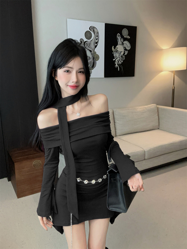 Pure Desire One Shoulder Hot Girl Diamond Chain Bell Sleeve Scarf Long Sleeve Dress
