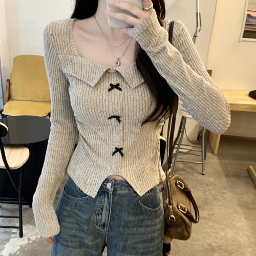 American Retro Hot Girl Bow Square Neck Long Sleeve T-Shirt Women's 2024 Autumn Short Waist Slimming Bottoming Top