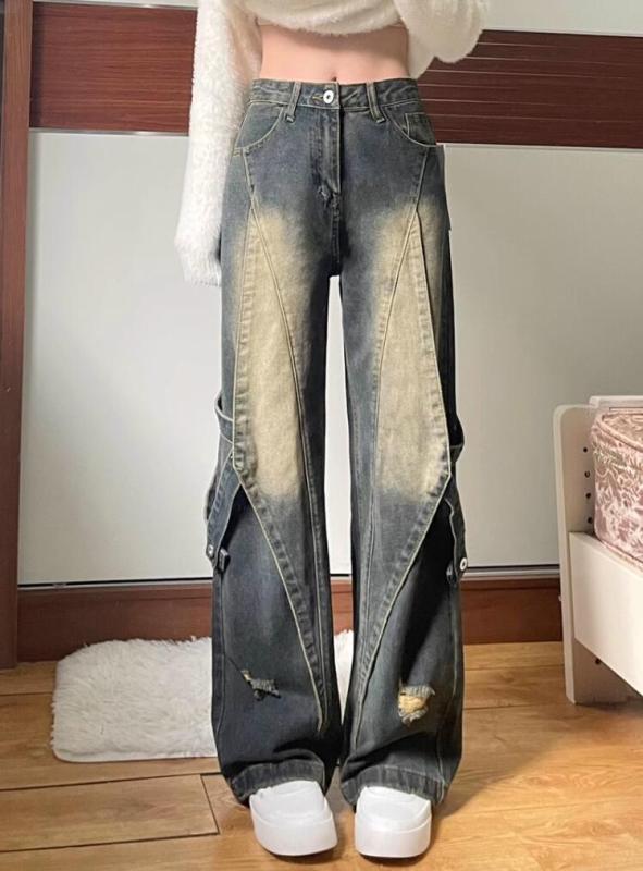 American high street retro hiphop high waist jeans for women spring and autumn loose design niche straight wide leg pants