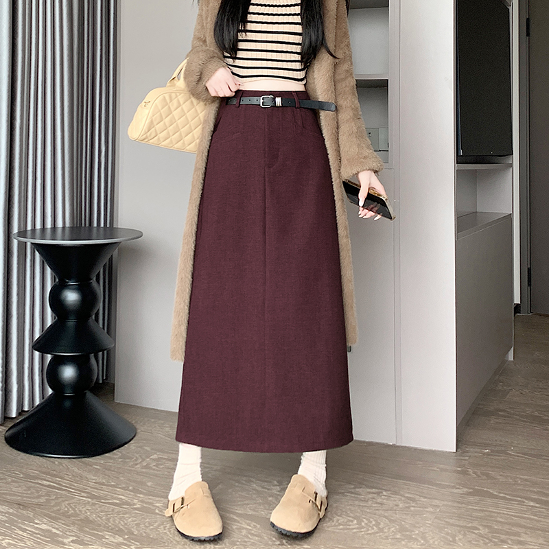 Winter cashmere woolen skirt, temperament long skirt, A-line one-step skirt, mid-length slit hip-covering skirt