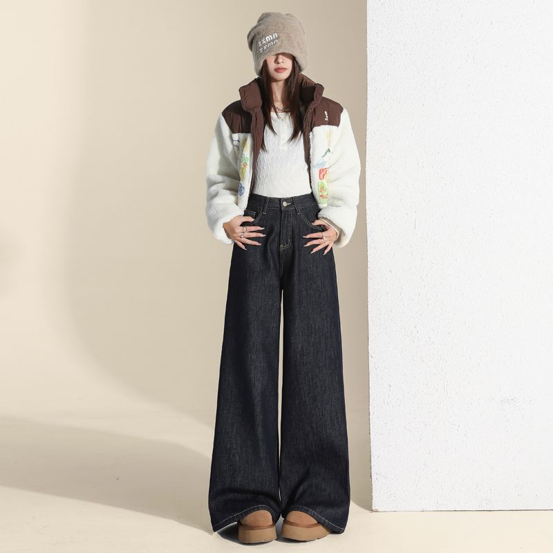 Plush velvet autumn and winter American wide-leg jeans for women, high-waisted, slimming, straight-leg pants for small people