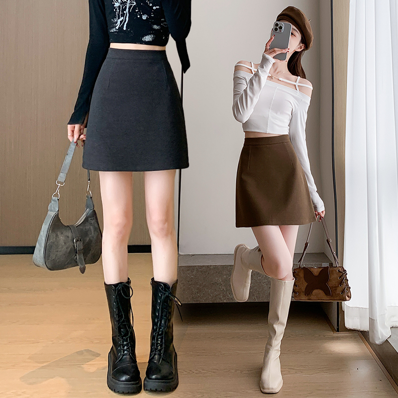 Simple and versatile A-line woolen slimming high-waist hot girl commuting bottoming skirt short skirt for women