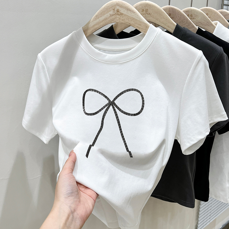Bow top summer 2024 new style right shoulder short sleeve t-shirt for women