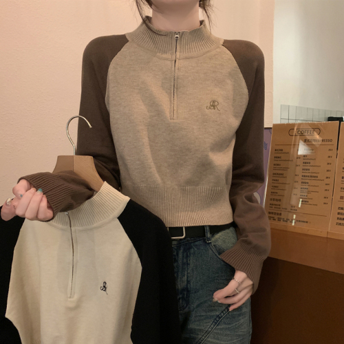 American Retro Short Cardigan Zipper Sweater Women's Sweater 2024 Autumn New Pullover Stand Collar Long Sleeve Top