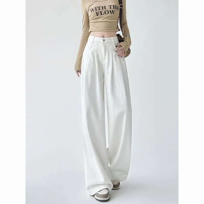 High-waisted wide-leg jeans for women in autumn 2024 new style pleated high-quality loose straight drape floor-length pants