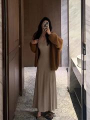 Pure lustful temperament solid color V-neck inner bottoming dress autumn and winter new style waist slimming versatile dress long skirt