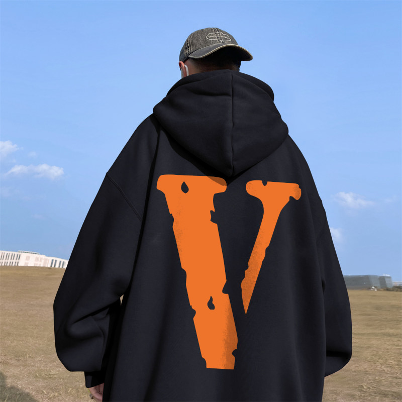 !  Autumn heavyweight Hong Kong style orange V printed hooded sweatshirt
