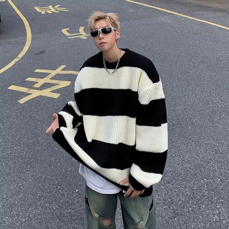 American high street striped sweater men's Korean version color matching winter new is loose sweater