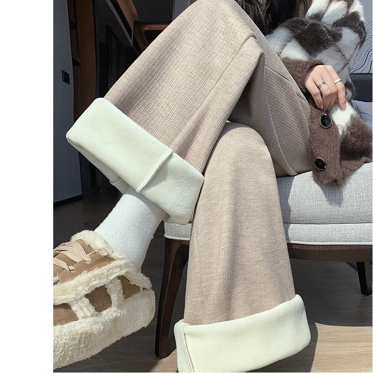 Imitation cashmere glutinous rice pants for women autumn and winter 2024 new high waist drape casual wide leg pants soft waxy cashmere plus velvet pants