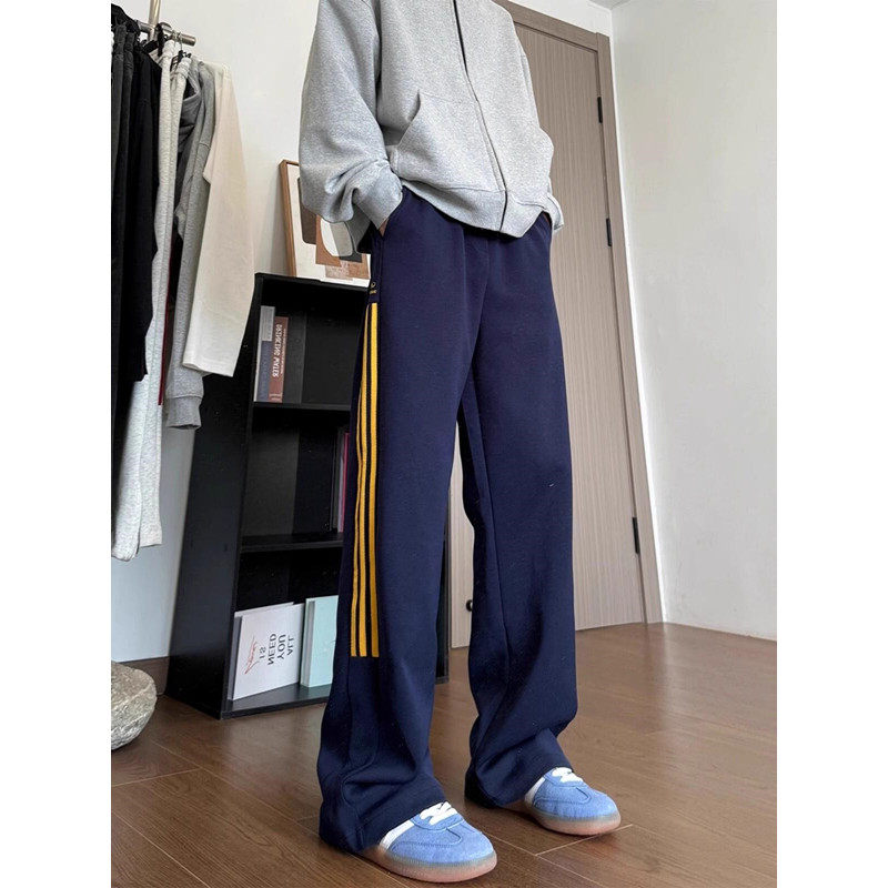 Autumn and winter three-stripe sports pants for teenagers, loose velvet straight drape casual long pants