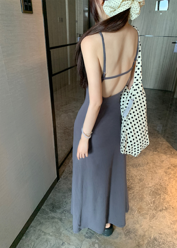 Actual shot of a Korean chic hand-made backless tea break dress with padded suspender skirt + designer sun protection long-sleeved T-shirt