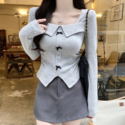 American Retro Hot Girl Bow Square Neck Long Sleeve T-Shirt Women's 2024 Autumn Short Waist Slimming Bottoming Top