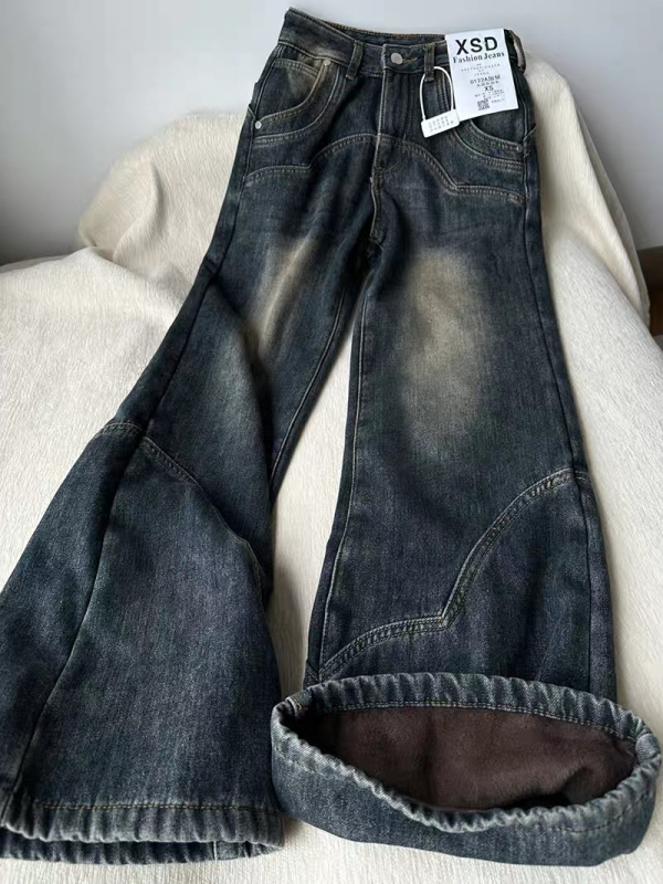 Velvet thickening retro stitching straight jeans for women autumn and winter new style American high waist slimming loose wide leg trousers