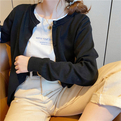 Knitted Cardigan Women's Internet Celebrity Sweater Jacket Spring and Autumn Loose Outerwear Black Short Outer Top