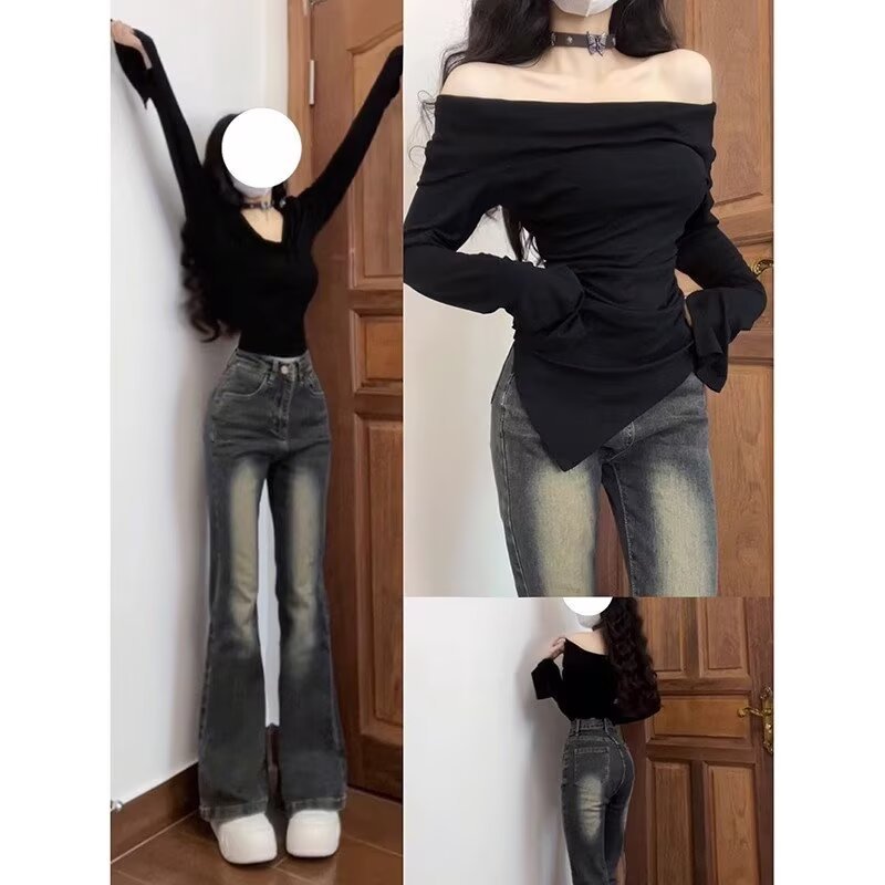 American retro straight-leg jeans for women in autumn new high-waist drape narrow wide-leg pants