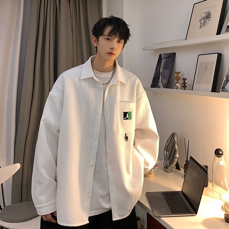 Spring Hong Kong style casual design waffle long-sleeved shirt men's shirt large size lapel jacket