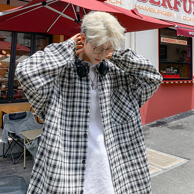 Men's autumn new Hong Kong style loose plaid long-sleeved shirt