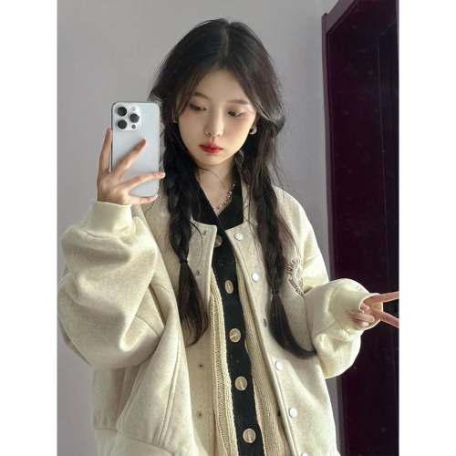 Chinese cotton composite milk silk lined American retro embroidered short baseball uniform jacket for women