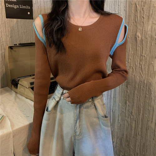 Knitted sweaters for women, spring and autumn inner layers, new niche sweaters, off-shoulder long-sleeved short tops