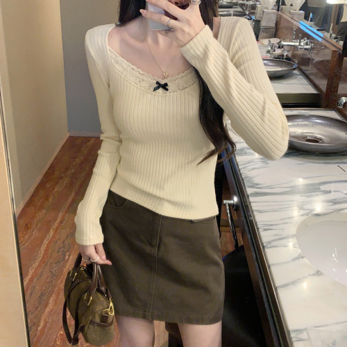 Girls patchwork lace gray jacquard texture sweater for women spring and summer V-neck inner wear long-sleeved T-shirt