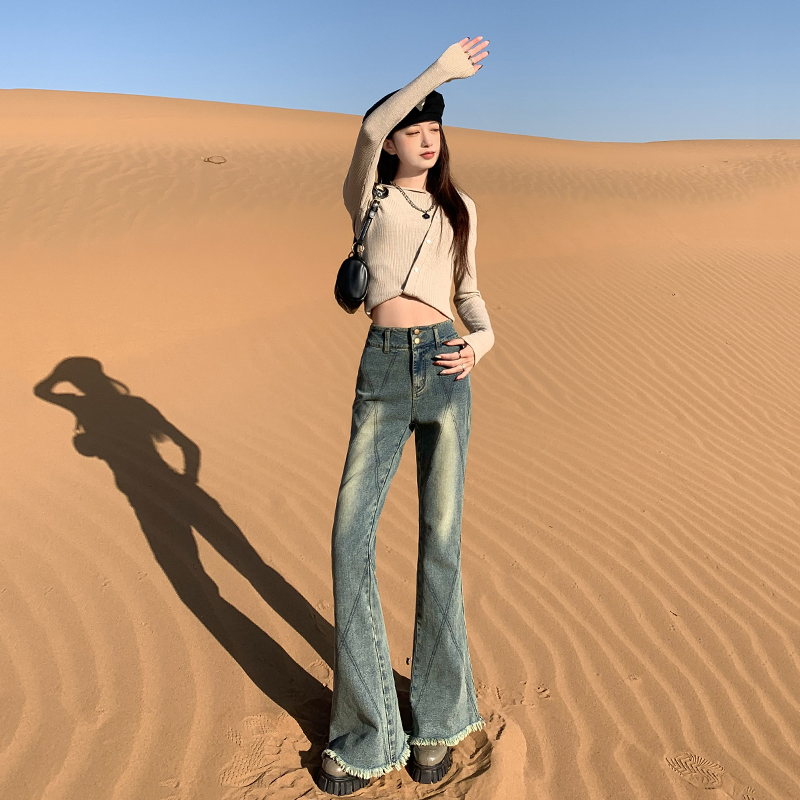 Real shot #raw edge retro micro-flare jeans for women 2023 new high waist raw edge niche design trousers