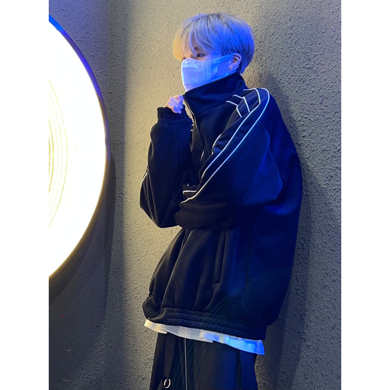 Autumn trendy high street reflective striped stand-up collar cardigan coat sweatshirt jacket couple
