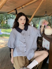 Real shot and real price contrasting color doll collar vertical pattern simple short-sleeved shirt + loose and versatile casual shorts