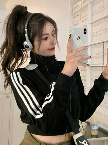 College Style Three Stripes Short Sweater Women's Versatile Black Sports Slim Top Cardigan Jacket