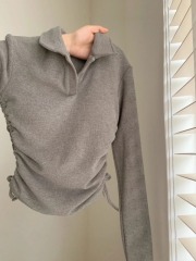 Design niche autumn and winter new bottoming shirt T-shirt women's polo collar pleated belt chest pad waist long-sleeved top trendy