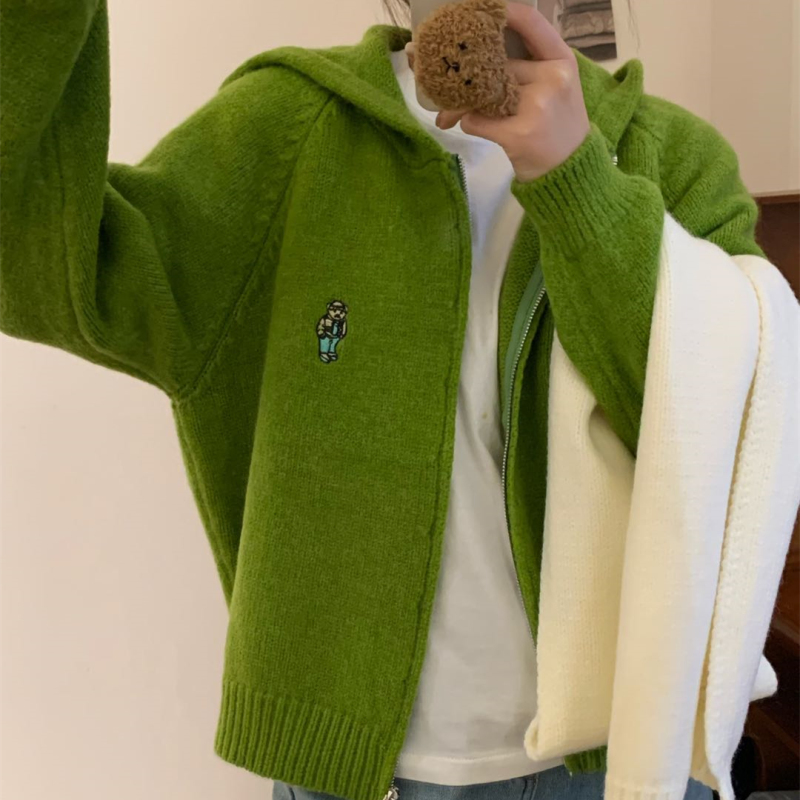 New autumn and winter knitted cardigan women's lazy style bear embroidered hooded sweater jacket