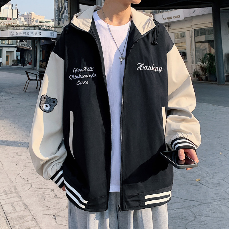 Autumn and winter new men's loose hooded contrasting color patch patch jacket