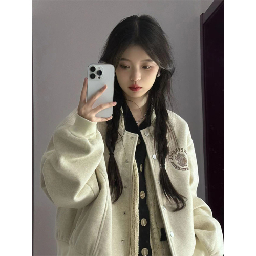 Chinese cotton composite milk silk lined American retro embroidered short baseball uniform jacket for women