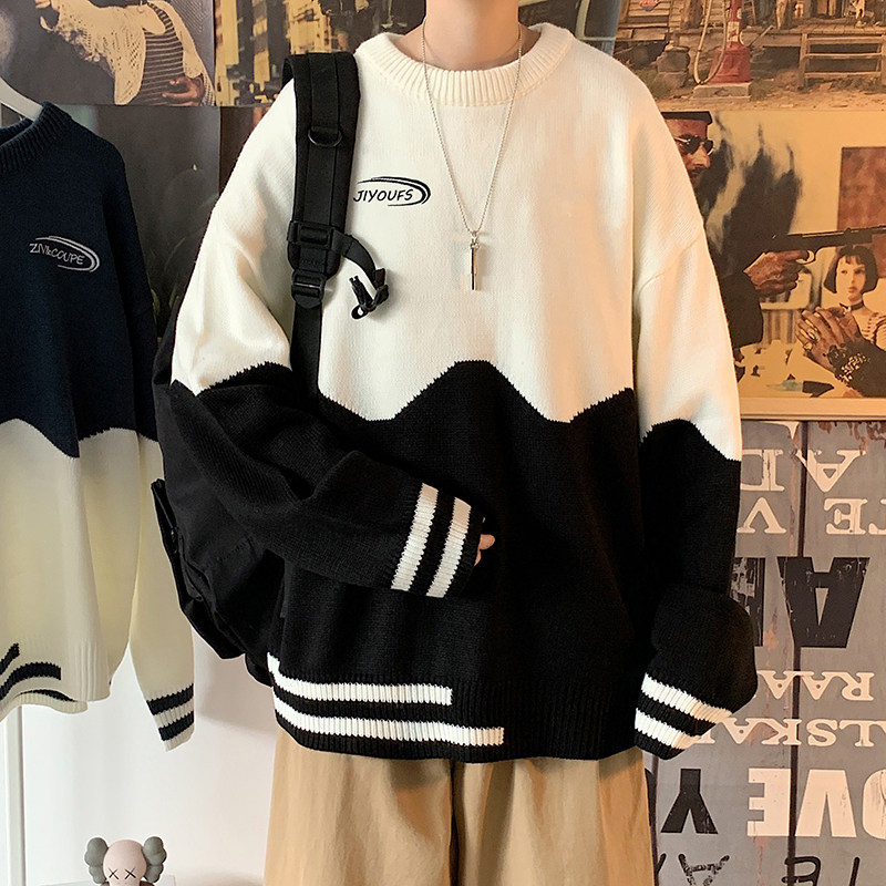 Sweater men's loose, lazy and contrasting color Korean style trendy and personalized Hong Kong style ins round neck bottoming sweater