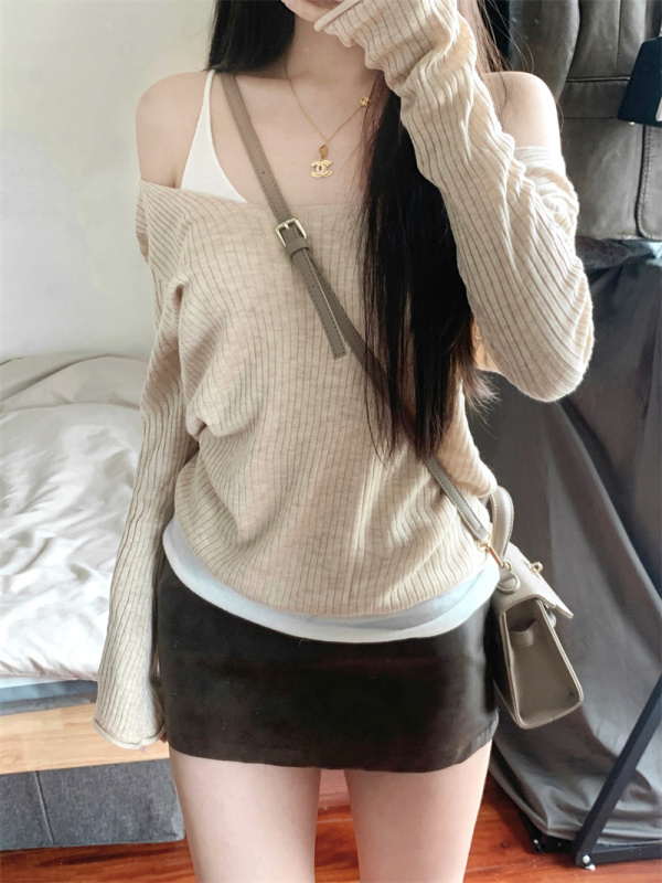 Pure desire v-neck fake two-piece sweater top + skirt to slim waist and versatile pu brown leather skirt