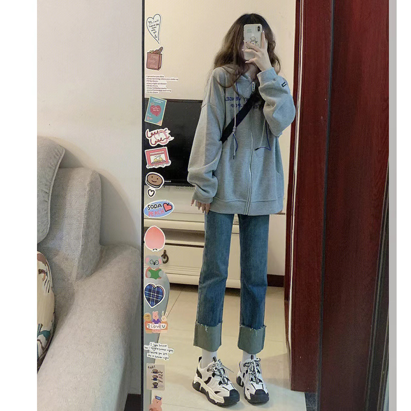 Japanese vintage vintage gray hooded sweatshirt for women spring and autumn national fashion high street design niche couple coat