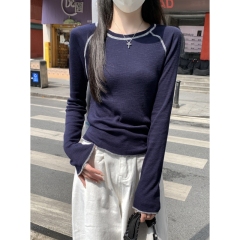 Autumn and winter Korean style round neck raglan reverse line design long sleeve inner T-shirt bottoming top for women
