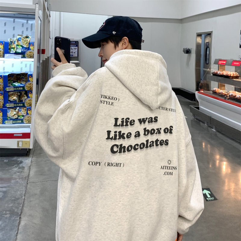 Trendy loose casual men's hooded sweatshirt with printed back