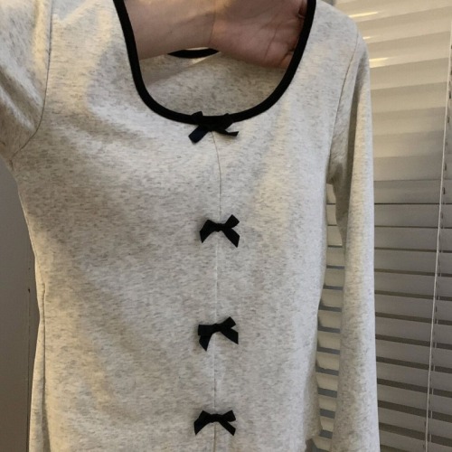 2024 Autumn Contrast Color Bow Long Sleeve T-Shirt Women's Small Fragrance Style Slit Slit Bottoming Top for Women