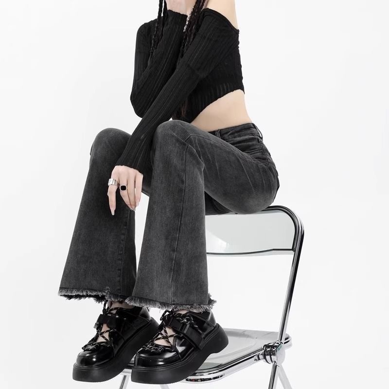American retro stretchy bootcut jeans for women 2024 spring and autumn new large size high waist slim raw edge flared pants