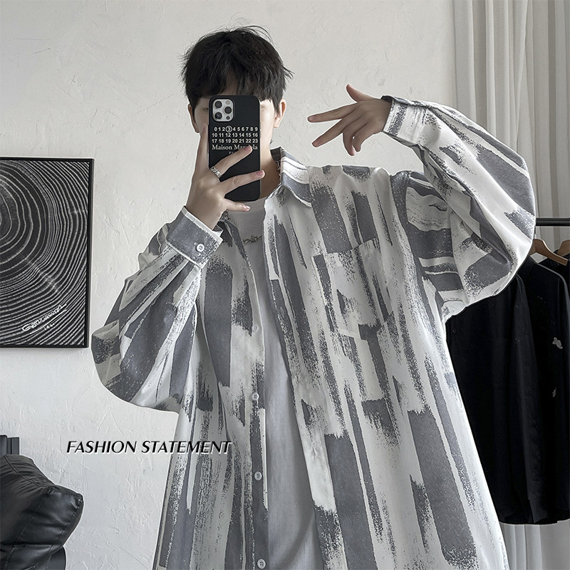 Spring handsome coat Hong Kong style oversize men's Korean style tie-dye casual long-sleeved shirt