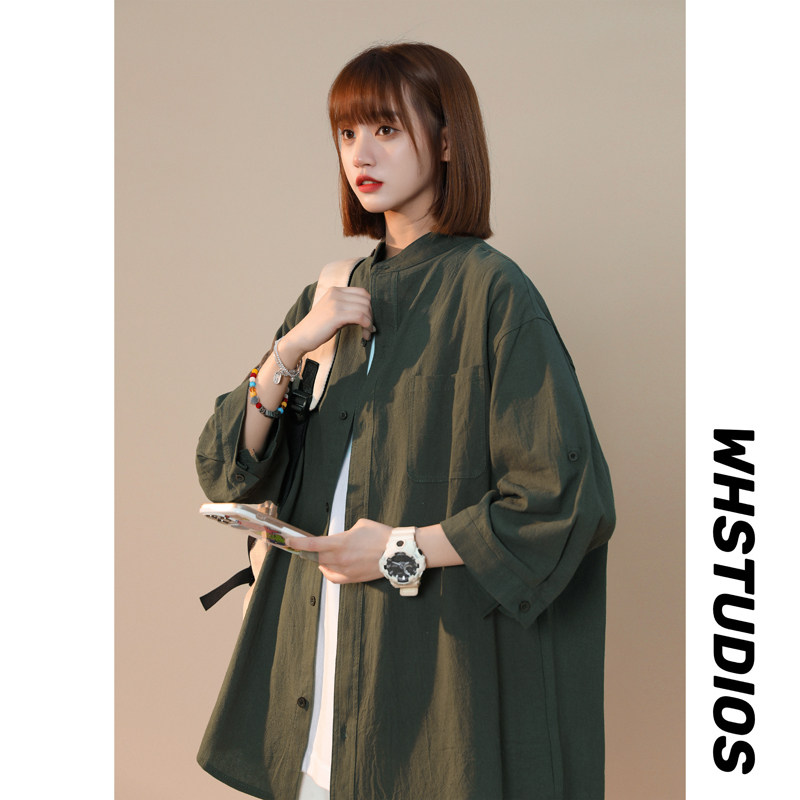 Summer stand-up collar three-quarter sleeves unisex short-sleeved shirt for men and women three-quarter sleeves large size