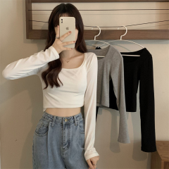 Designed slim fit short navel-baring square neck long-sleeved bottoming T-shirt