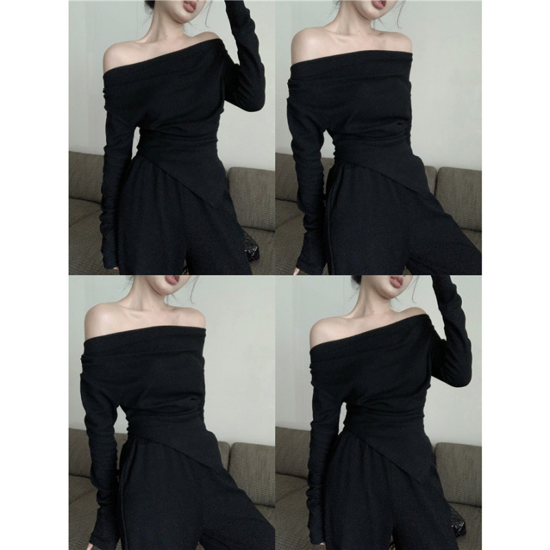 French pure desire one-shoulder long-sleeved T-shirt autumn off-shoulder bottoming slim fit top